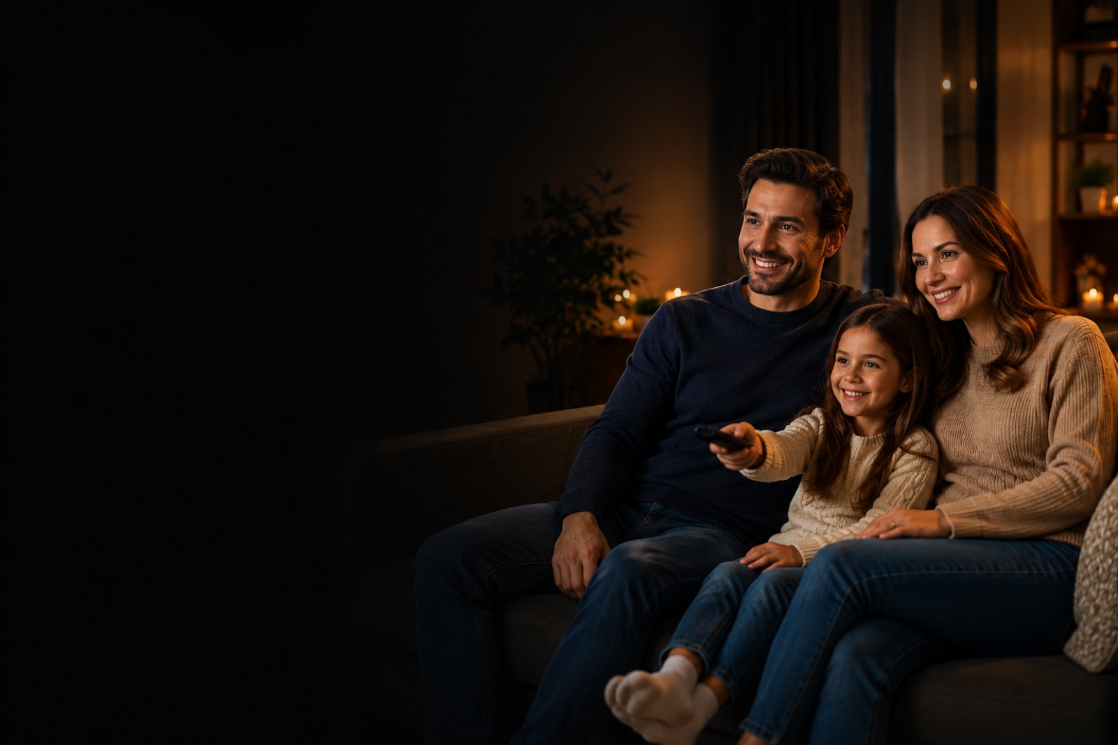 Family relaxing on the sofa watching live TV, movies and series with XTREME HD IPTV